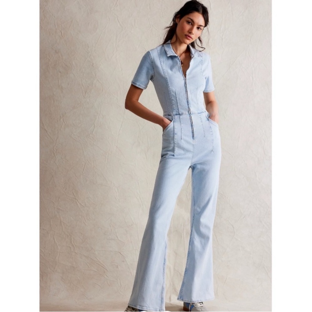 Free People We The Free Jayde Flare Jumpsuit Light Blue SIZE XL